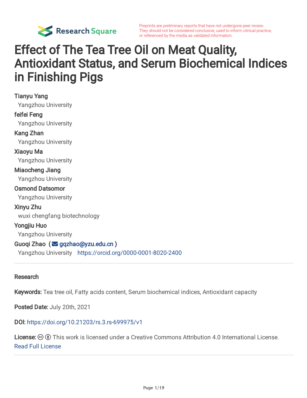 Effect of the Tea Tree Oil on Meat Quality, Antioxidant Status, and Serum Biochemical Indices in Finishing Pigs