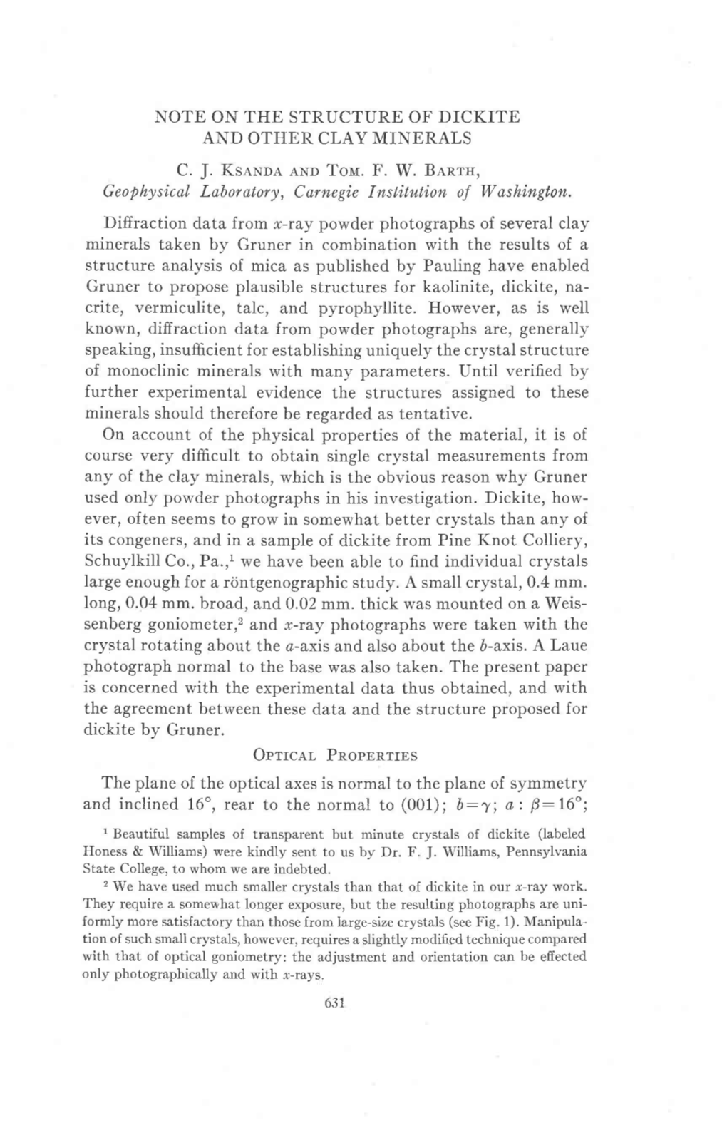 Note on the Structure of Dickite and Other Clay Minerals