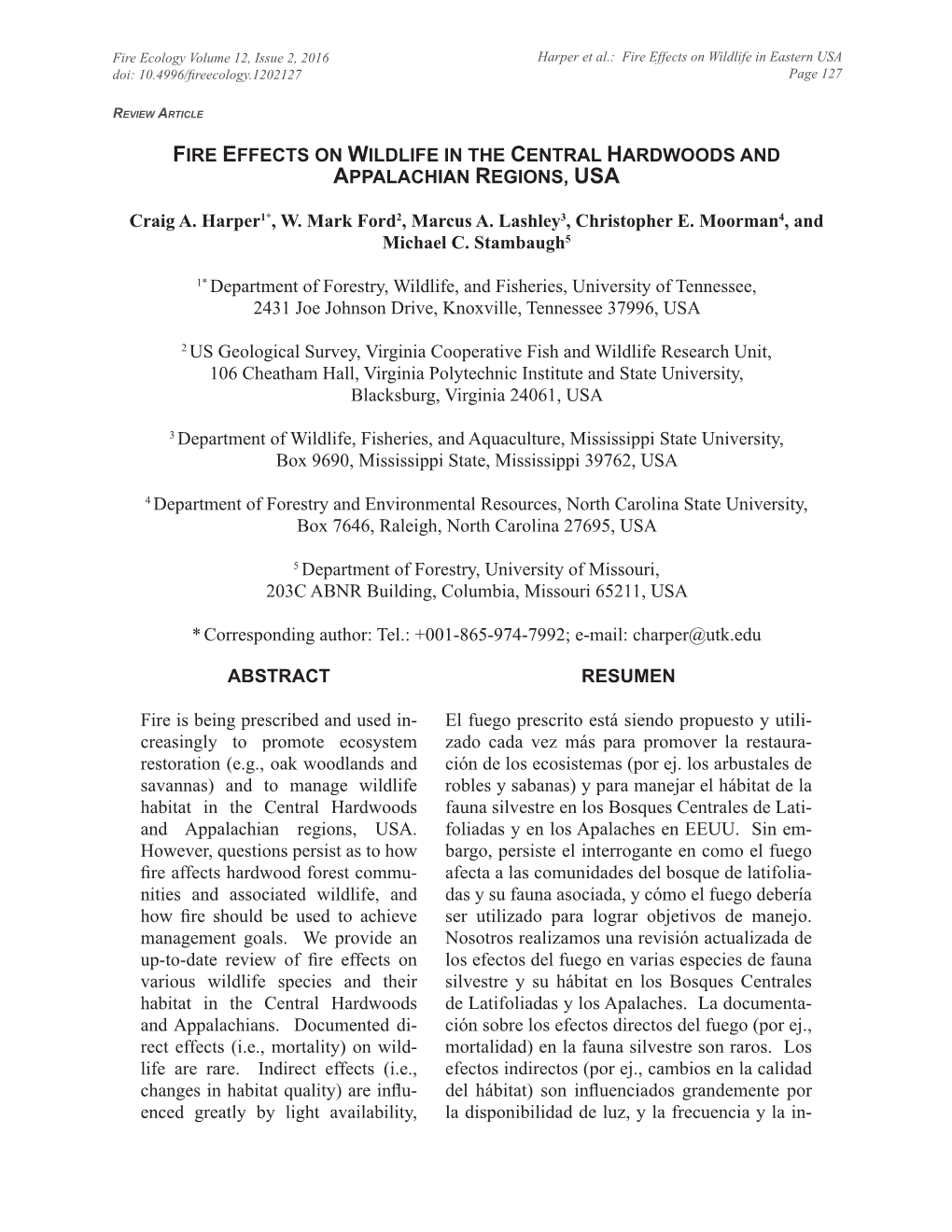 Fire Effects on Wildlife in the Central Hardwoods and Appalachian Regions, Usa