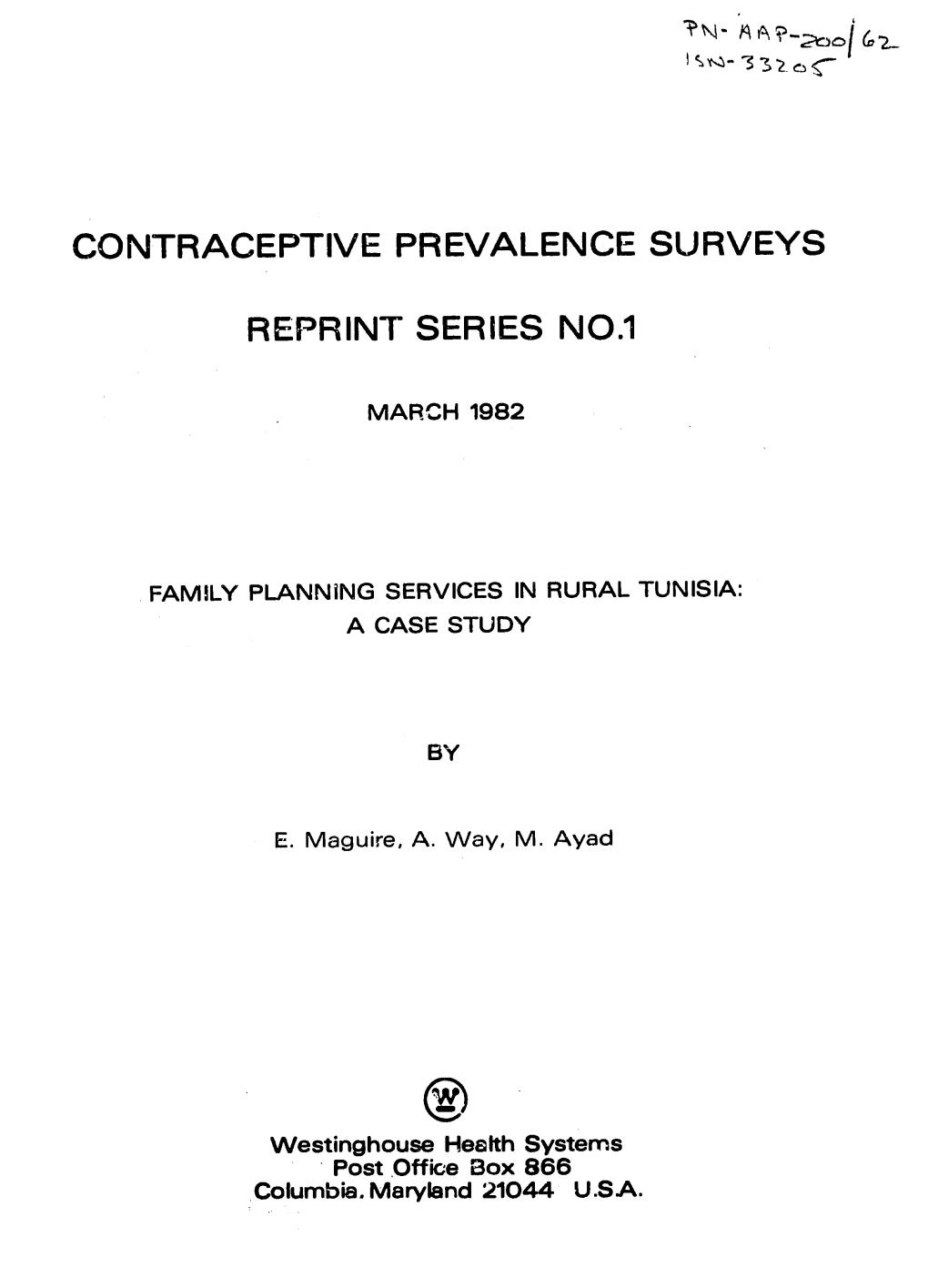 Contraceptive Prevalence Surveys Reprint Series No.1