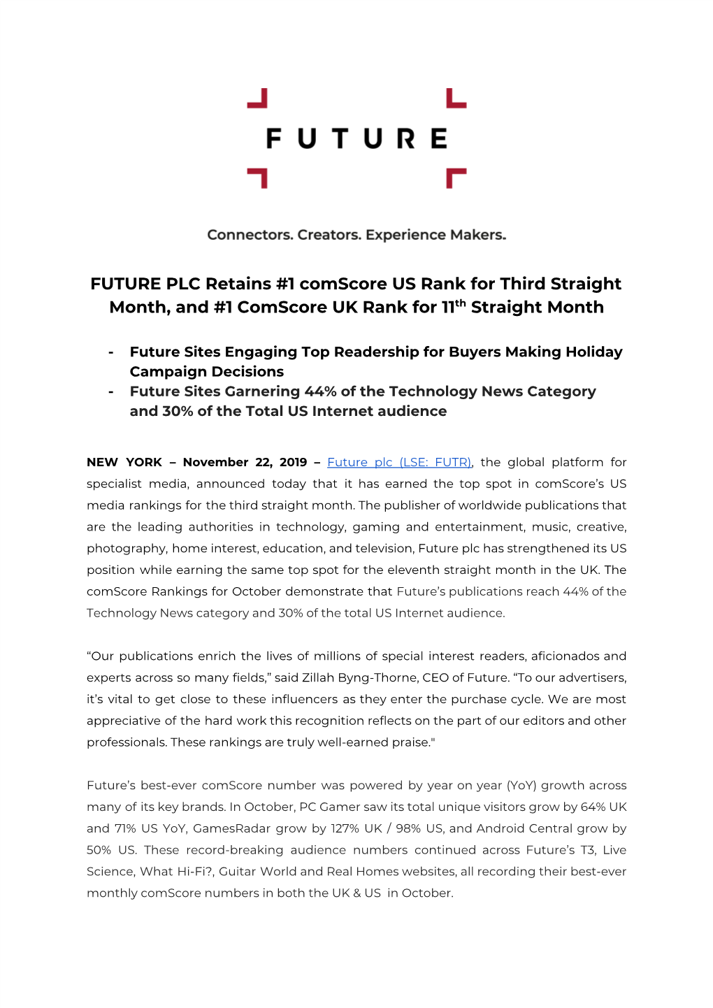 FUTURE PLC Retains #1 Comscore US Rank for Third Straight Month, and #1 Comscore UK Rank for 11​Th​ Straight Month