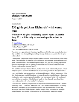 230 Girls Get Ann Richards' Wish Come True When New All-Girls Leadership School Opens in Austin Aug
