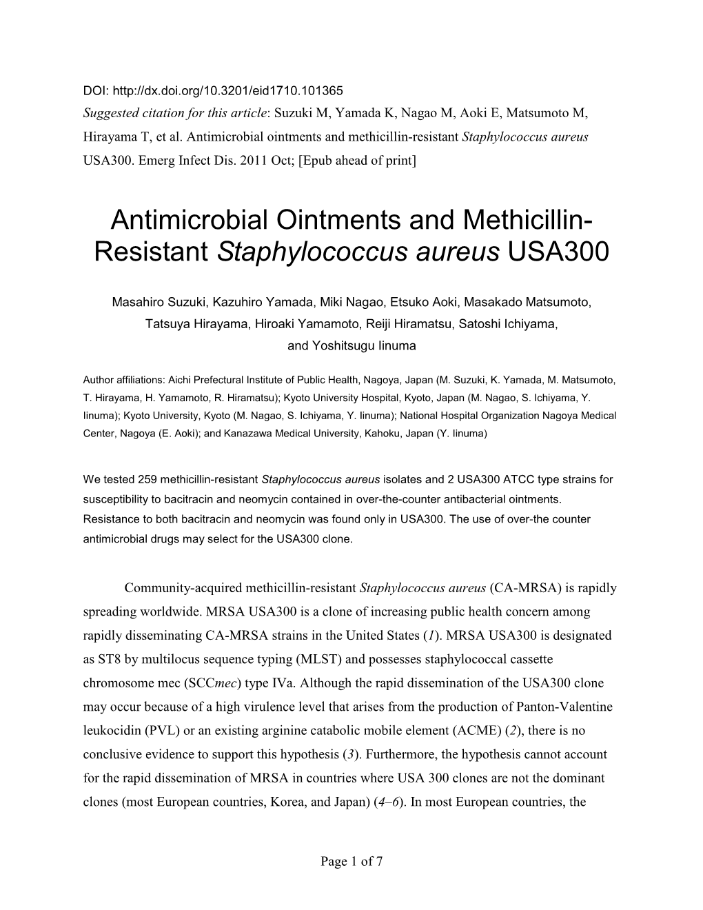 Antimicrobial Ointments and Methicillin-Resistant Staphylococcus Aureus USA300