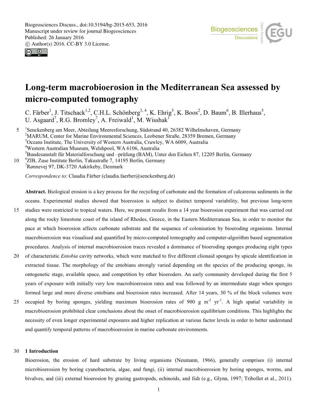 Long-Term Macrobioerosion in the Mediterranean Sea Assessed by Micro-Computed Tomography C