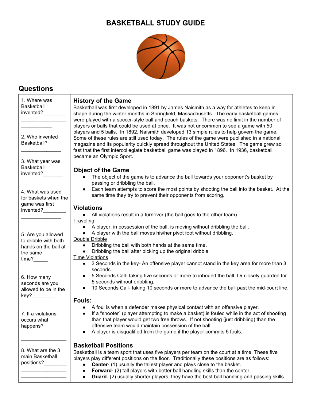 BASKETBALL STUDY GUIDE Questions