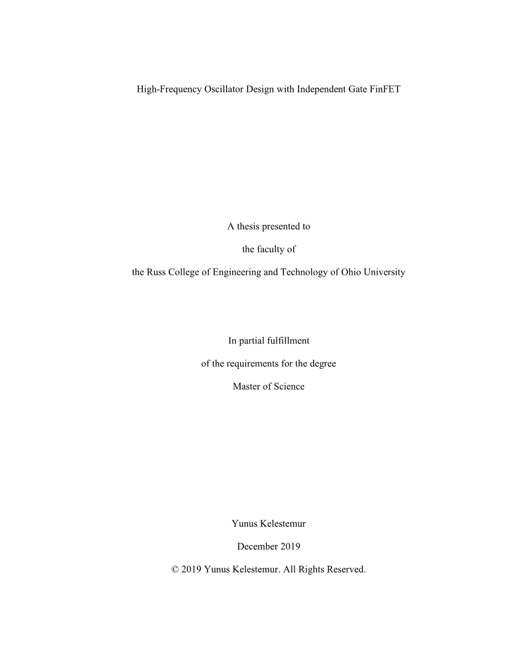 High-Frequency Oscillator Design with Independent Gate Finfet a Thesis