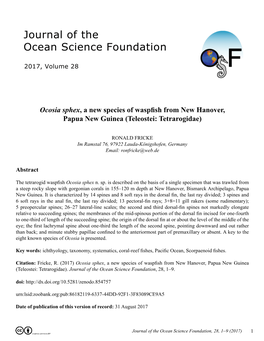 Ocosia Sphex, a New Species of Waspfish from New Hanover, Papua New Guinea (Teleostei: Tetrarogidae)