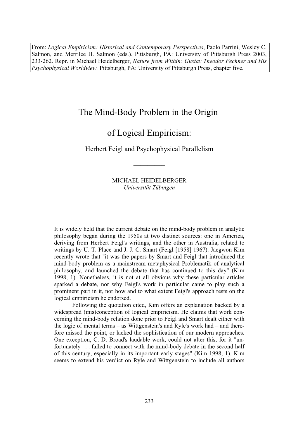 The Mind-Body Problem in the Origin of Logical Empiricism