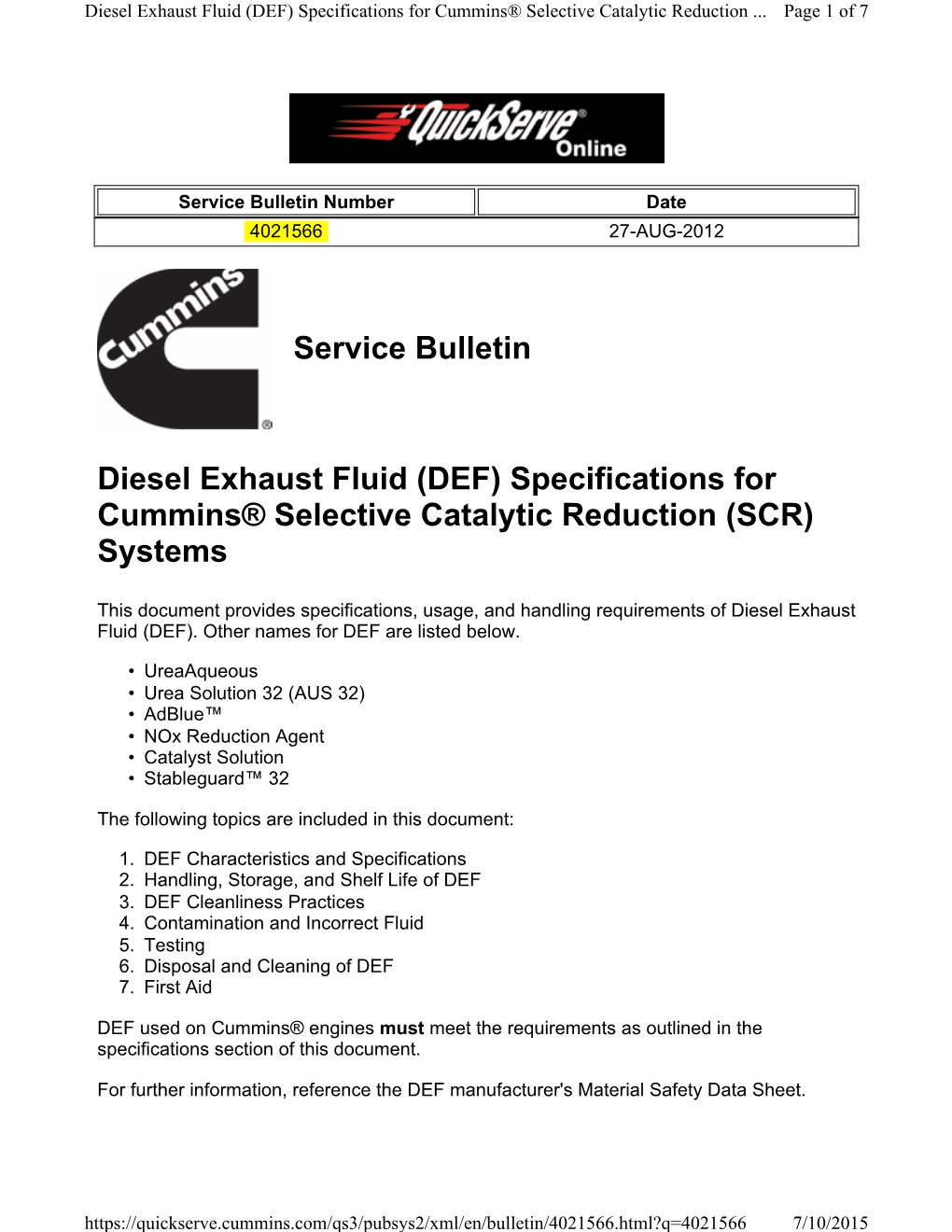 Service Bulletin Diesel Exhaust Fluid (DEF) Specifications for Cummins