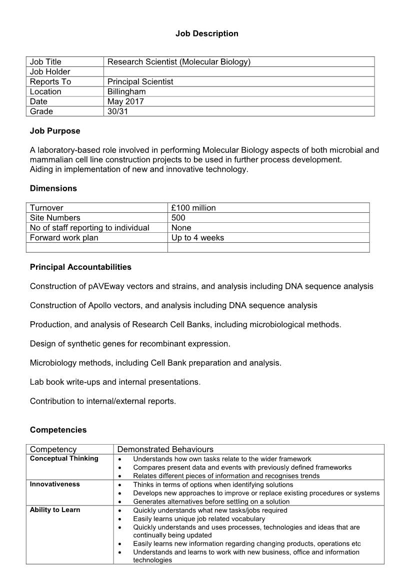 Job Description Job Title Research Scientist (Molecular Biology)