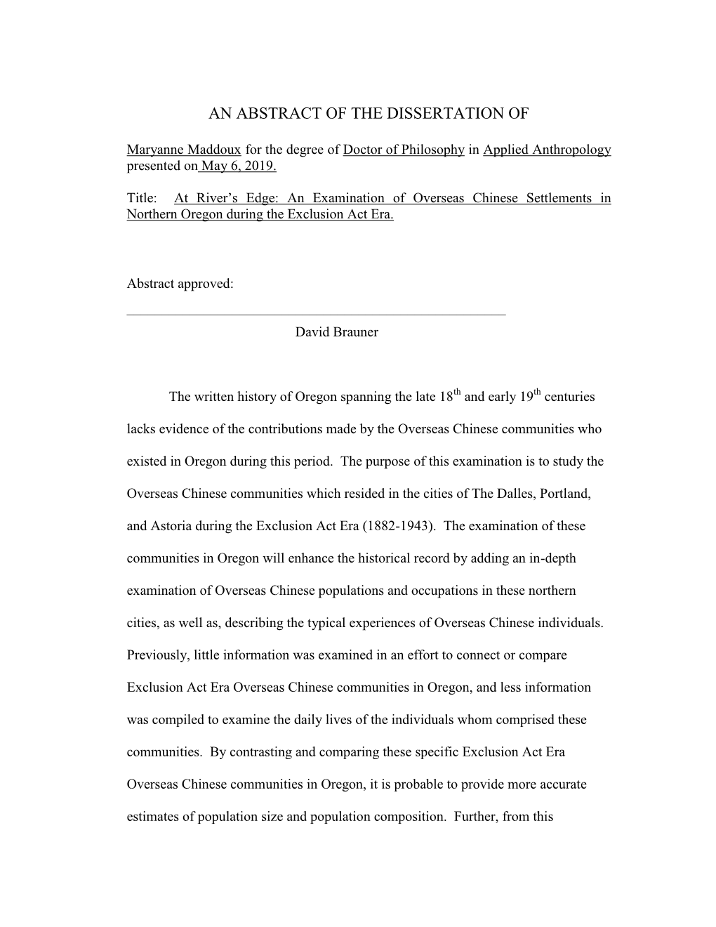 An Abstract of the Dissertation Of