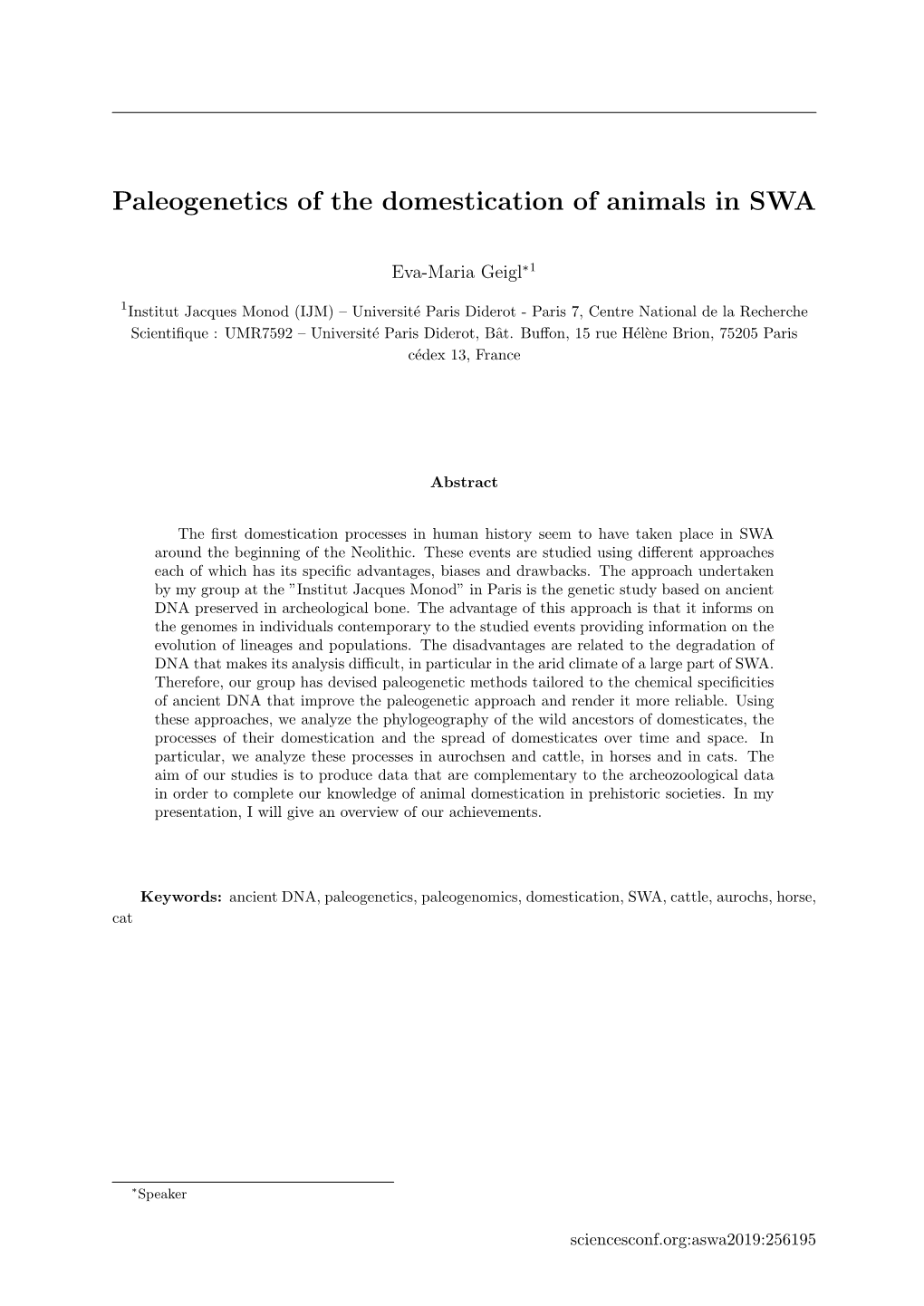 Paleogenetics of the Domestication of Animals in SWA