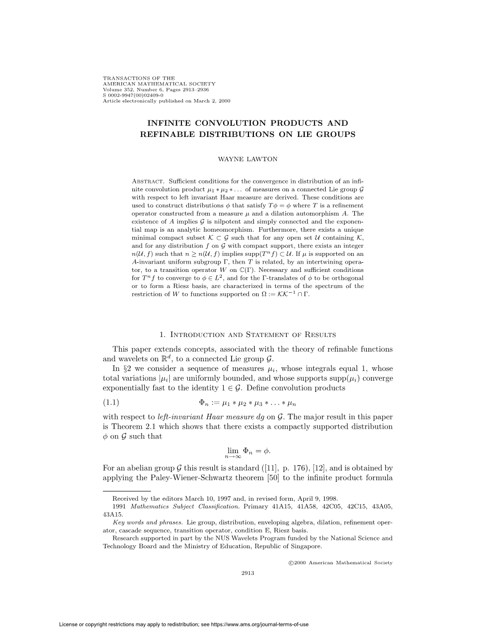 Infinite Convolution Products and Refinable Distributions on Lie Groups