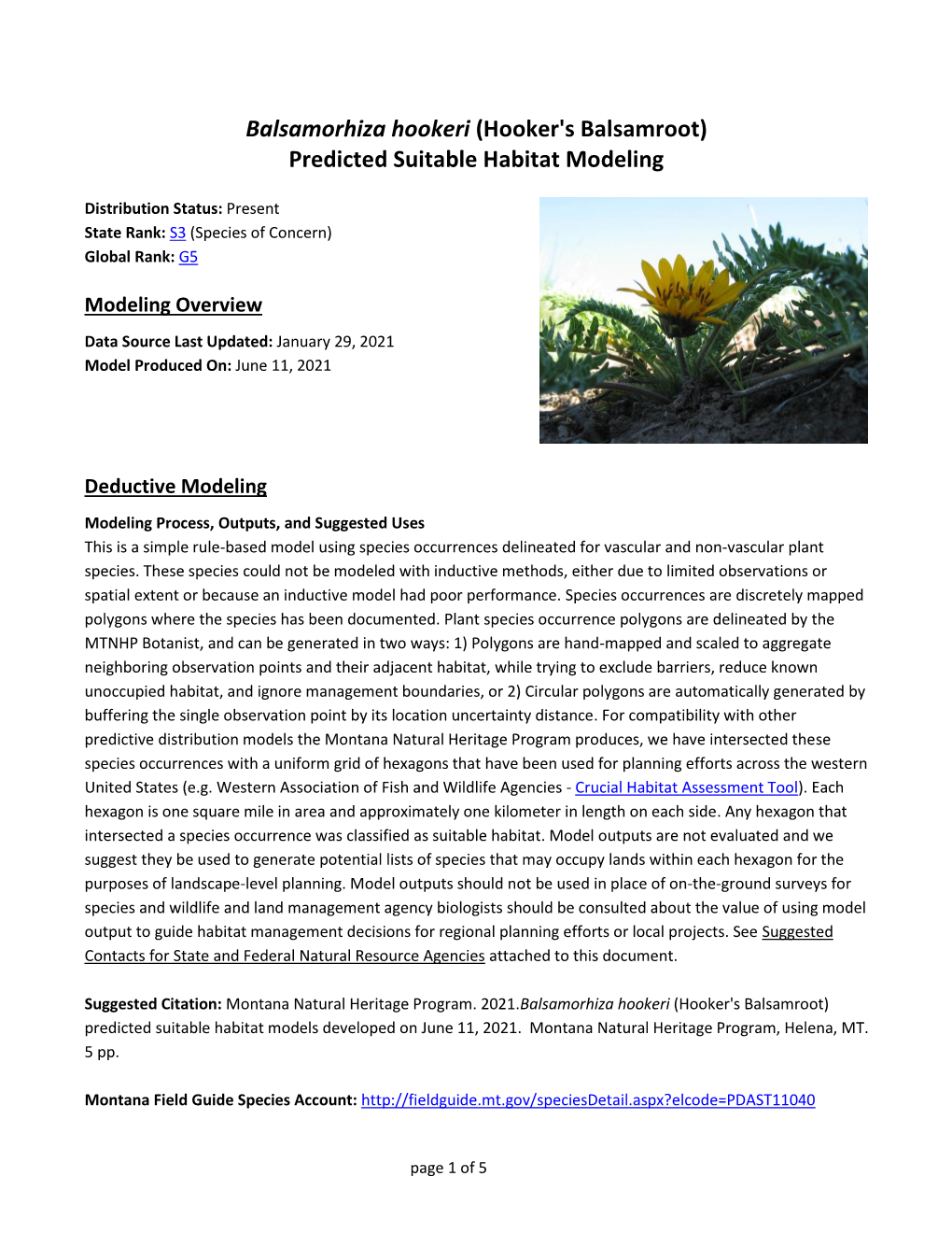 Balsamorhiza Hookeri (Hooker's Balsamroot) Predicted Suitable Habitat Modeling