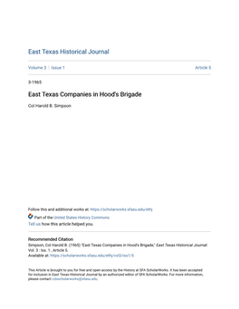 East Texas Companies in Hood's Brigade