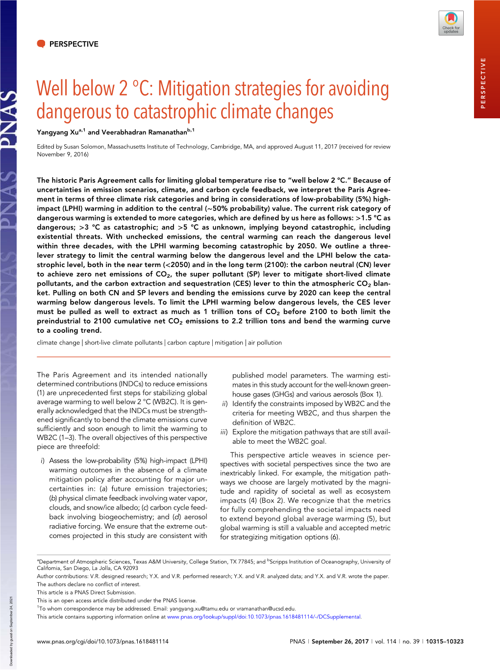 Mitigation Strategies for Avoiding Dangerous to Catastrophic Climate Changes PERSPECTIVE Yangyang Xua,1 and Veerabhadran Ramanathanb,1