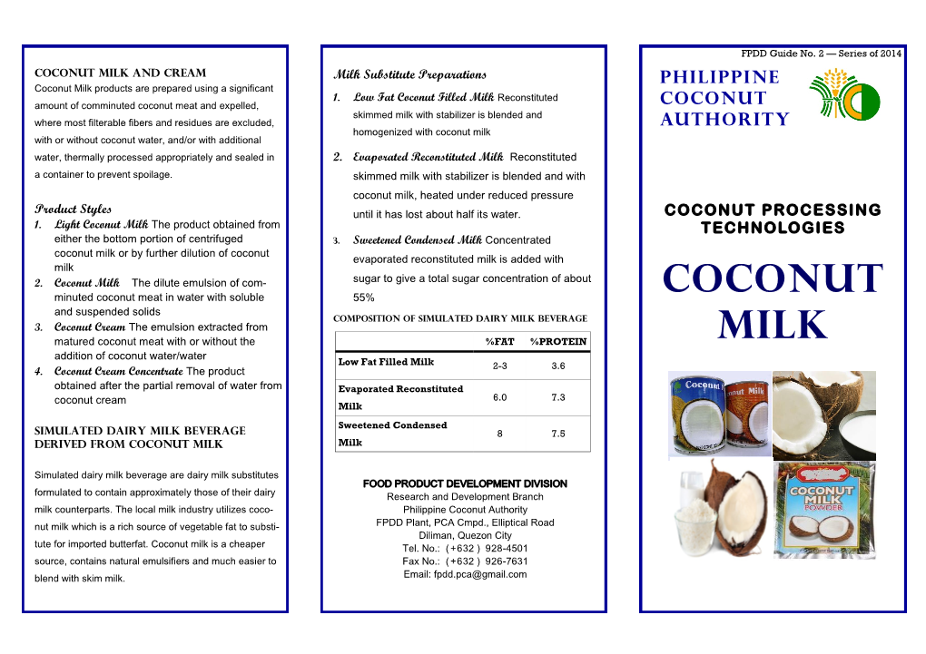 Coconut Milk and Cream Milk Substitute Preparations PHILIPPINE Coconut Milk Products Are Prepared Using a Significant 1