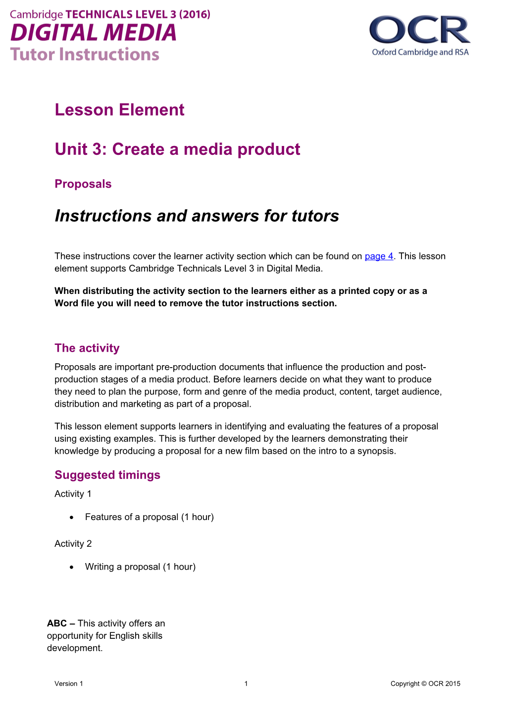 Cambridge Technicals Level 3 in Digital Media Proposals Lesson Element