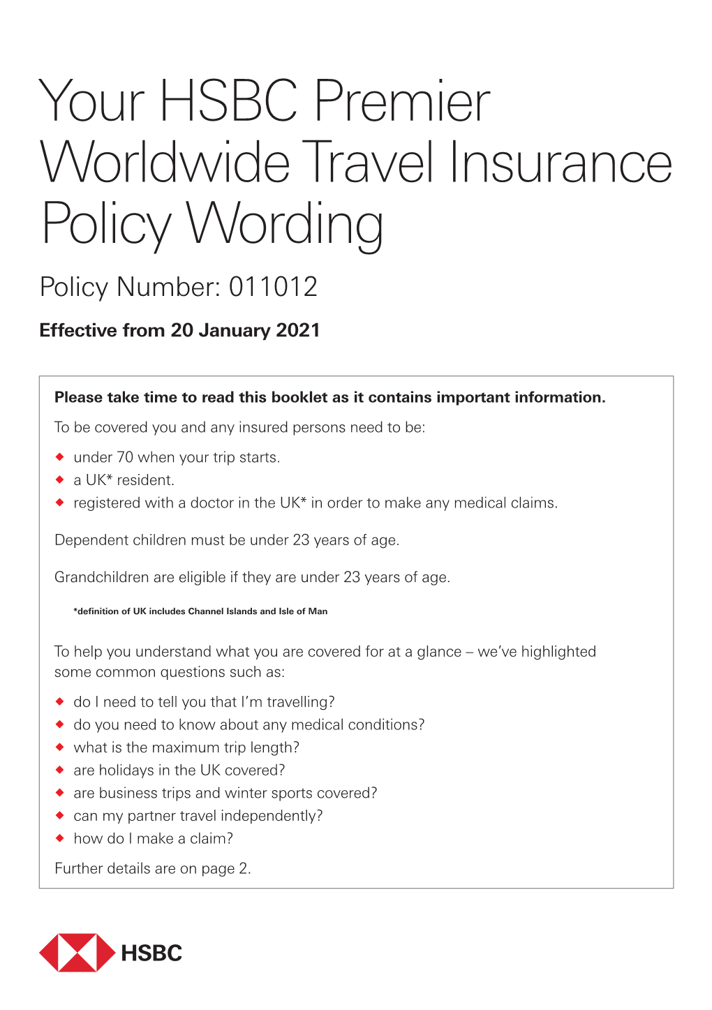 Your HSBC Premier Worldwide Travel Insurance Policy Wording