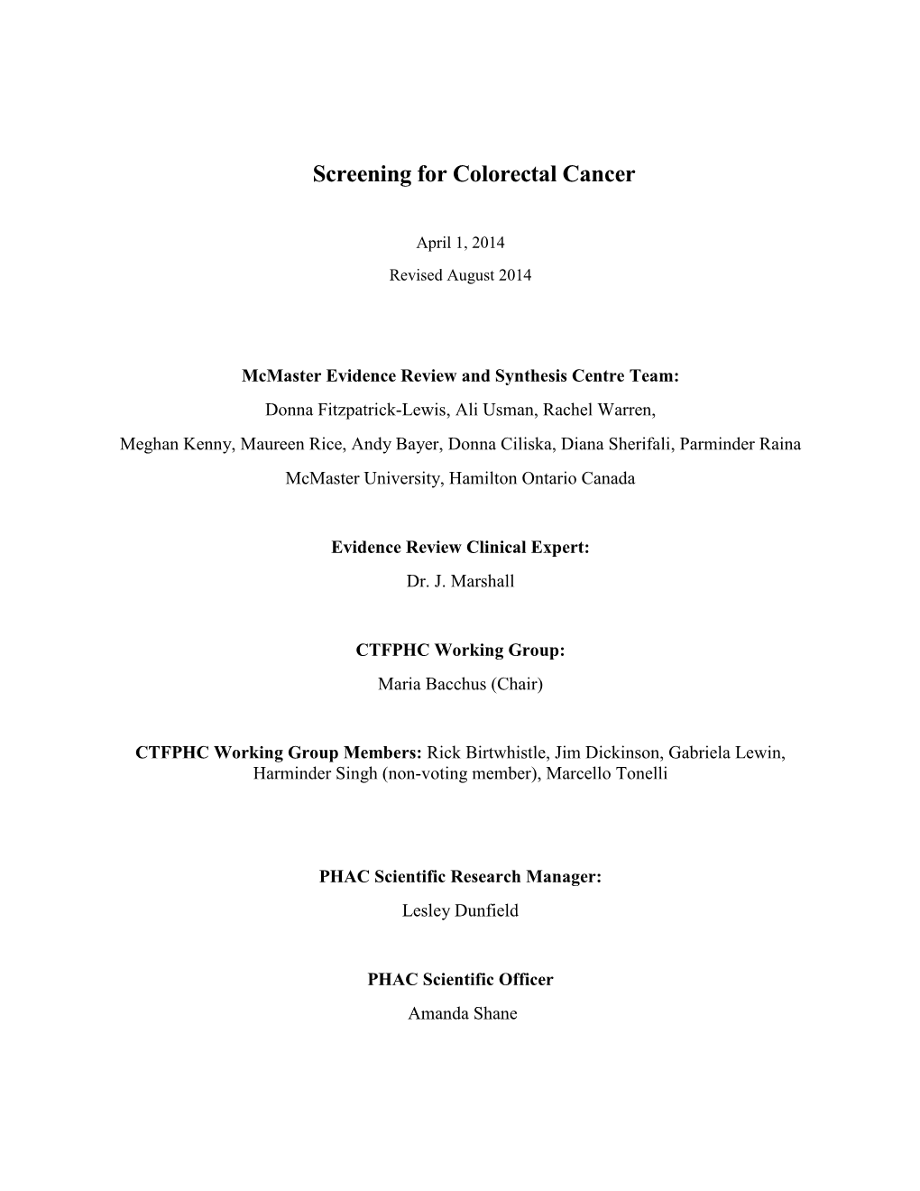 Screening for Colorectal Cancer
