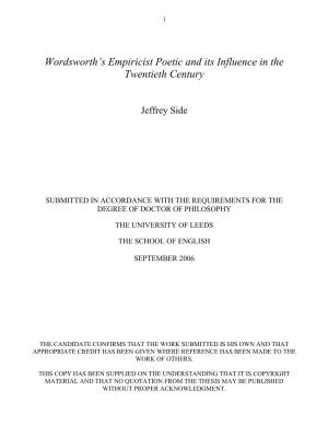 Wordsworth's Empiricist Poetic and Its Influence in the Twentieth Century