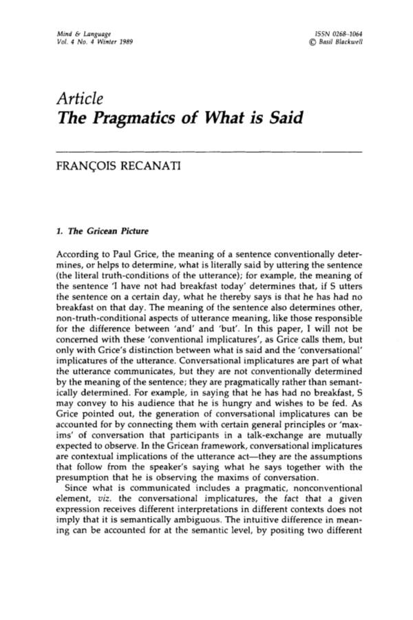 Article the Pragmatics of What Is Said
