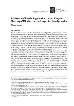 A History of Psychology in the United Kingdom Meeting of Minds–The Road to Professional Practice