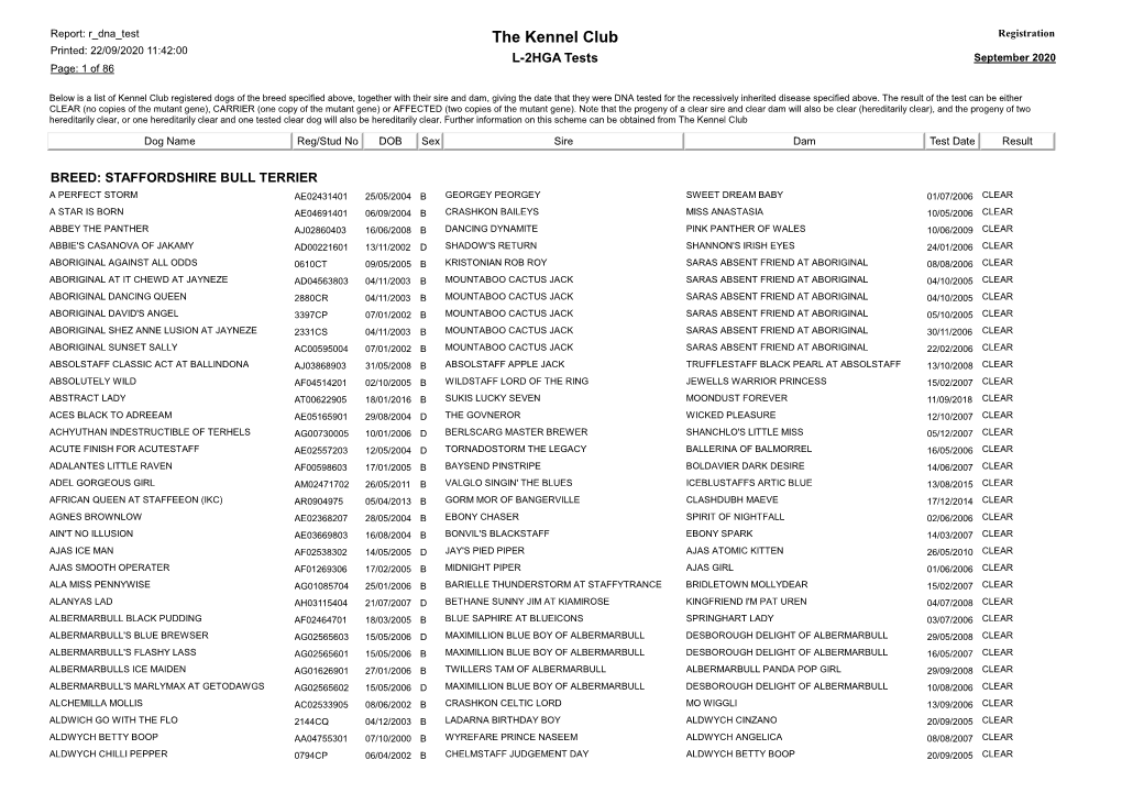 The Kennel Club Registration Printed: 22/09/2020 11:42:00 L-2HGA Tests September 2020 Page: 1 of 86