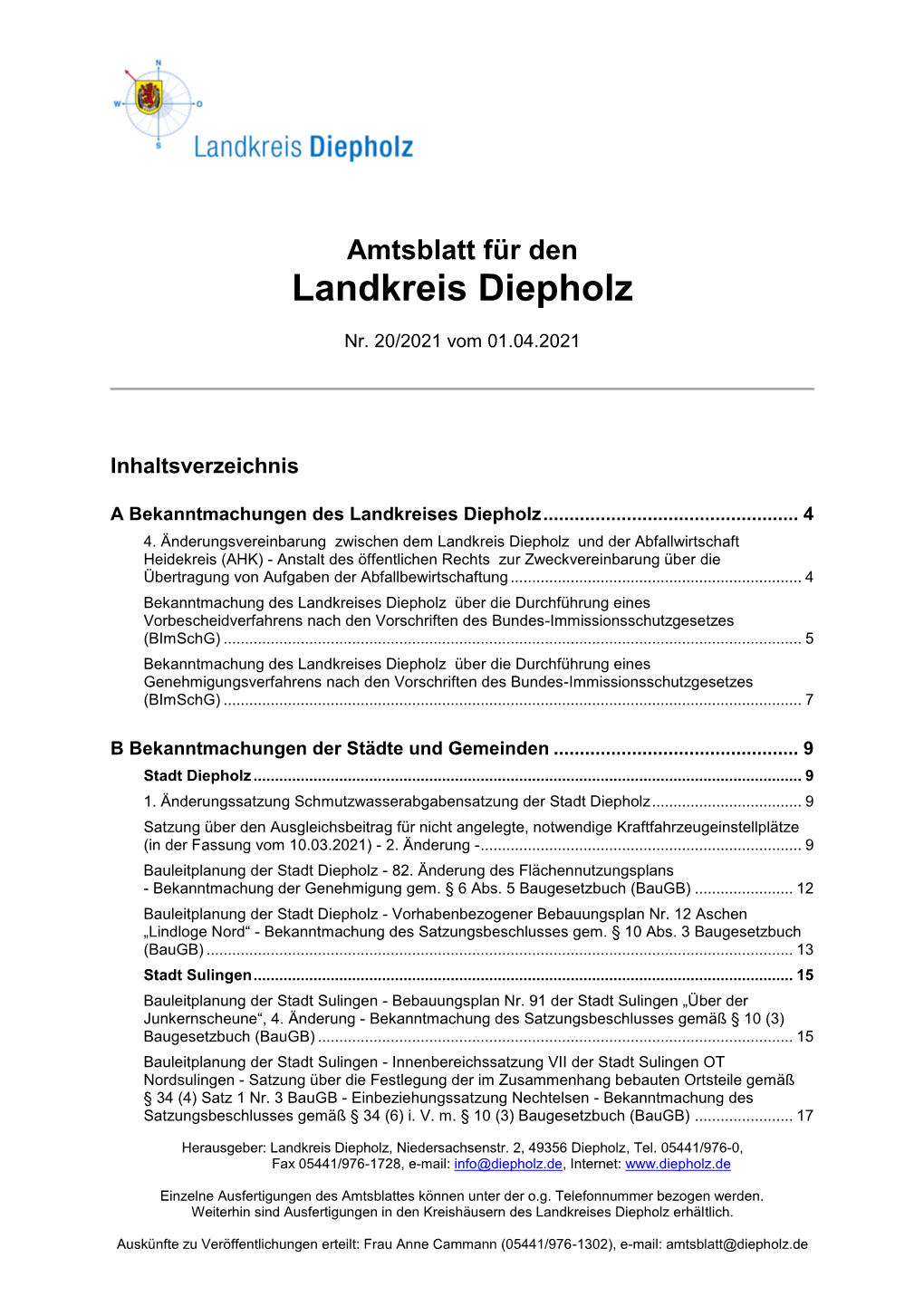 Amtsblatt Für Den Landkreis Diepholz