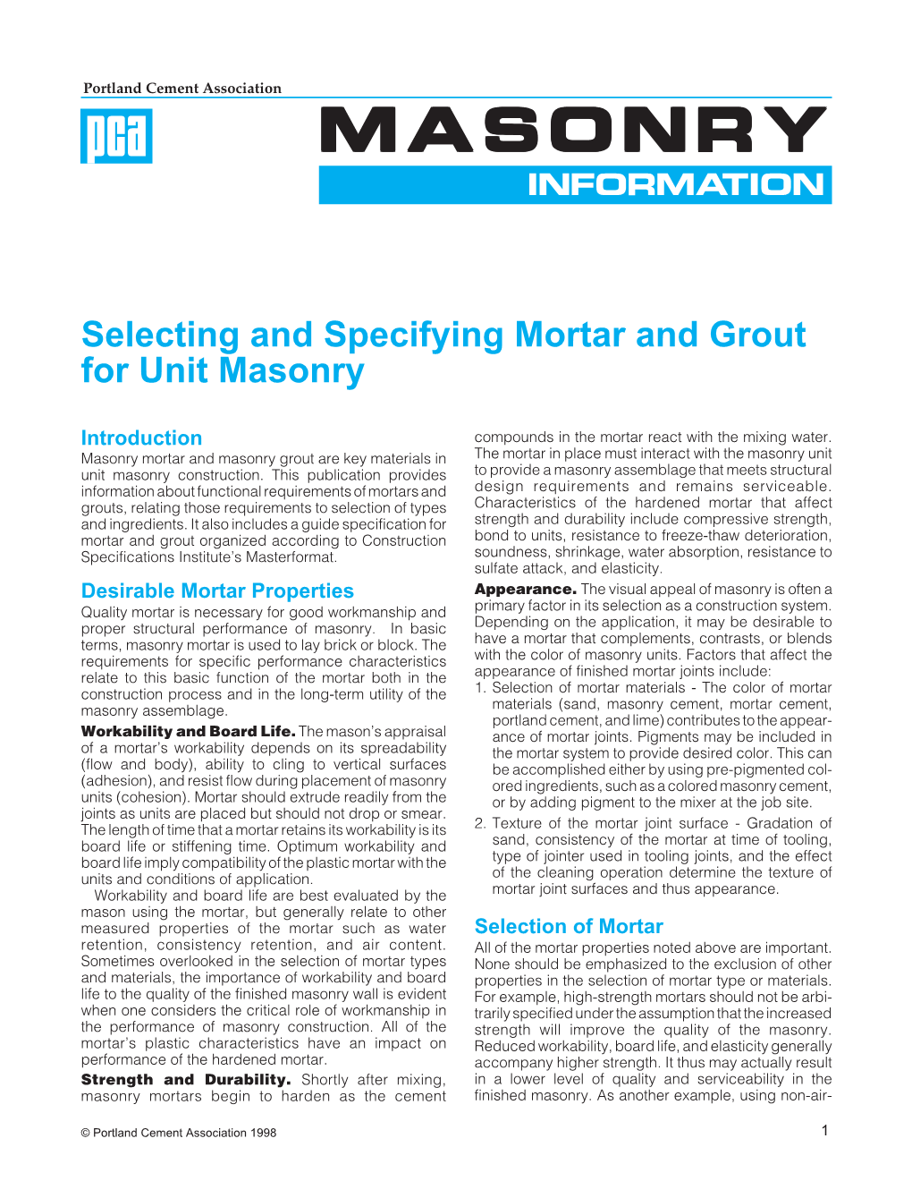 Selecting and Specifying Mortar and Grout for Unit Masonry