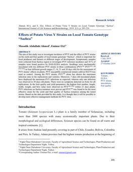 Effects of Potato Virus Y Strains on Local Tomato Genotype “Sazlıca”