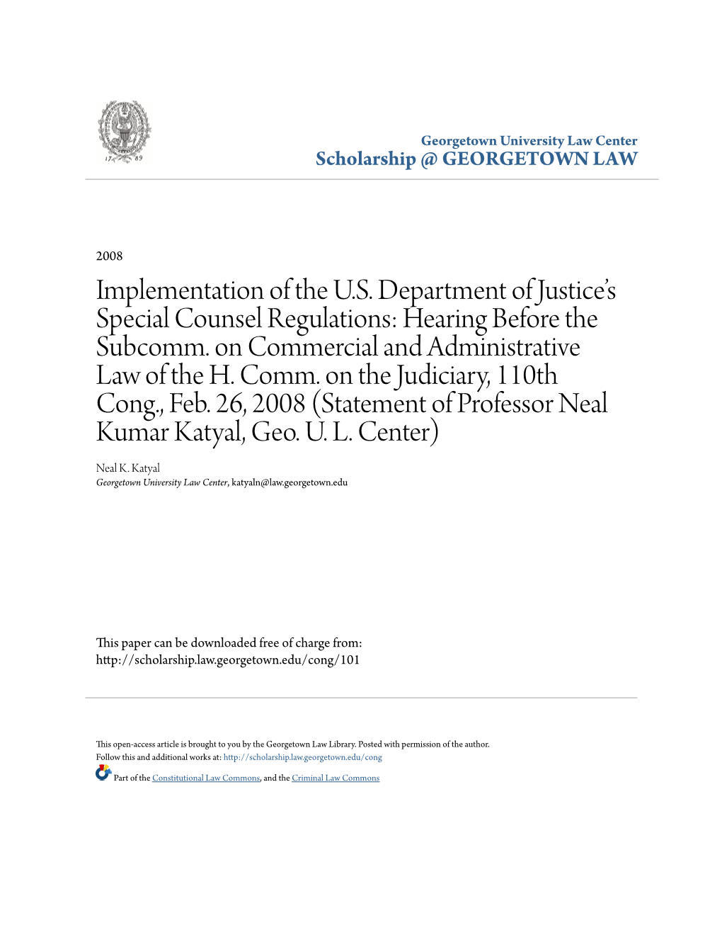 Implementation of the U.S. Department of Justice's Special Counsel Regulations