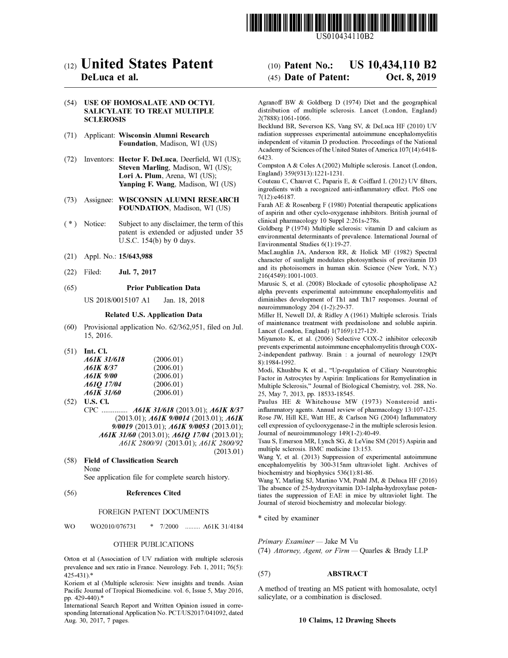 View U.S. Patent No. 10434110 in PDF Format