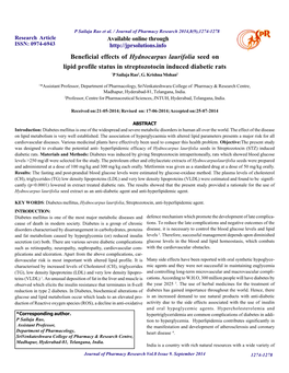 Beneficial Effects of Hydnocarpus Laurifolia Seed on Lipid Profile Status in Streptozotocin Induced Diabetic Rats *P Sailaja Rao1, G