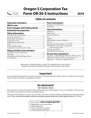 Form OR-20-S, Instructions for Oregon S Corporation Tax Return