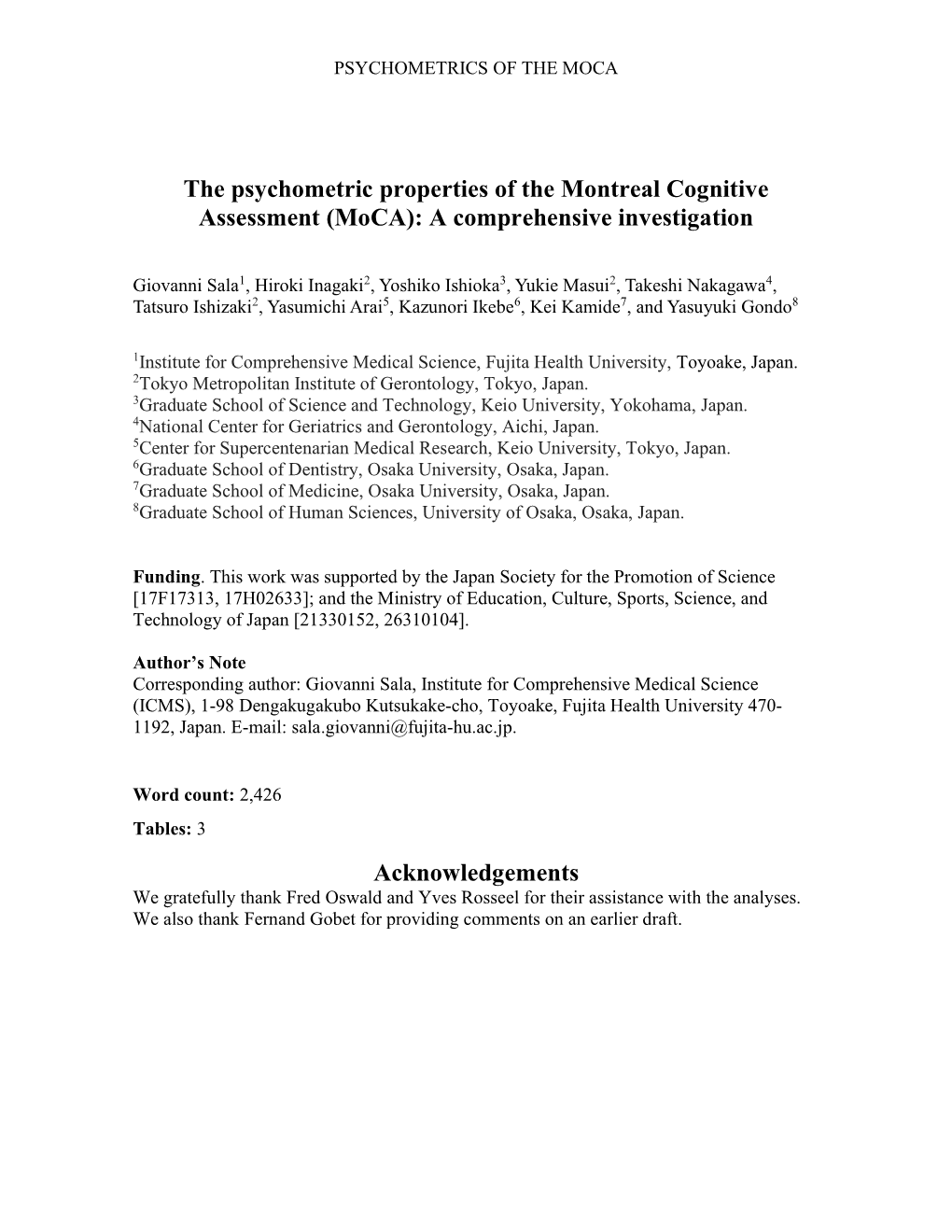 The Psychometric Properties of the Montreal Cognitive Assessment (Moca): a Comprehensive Investigation