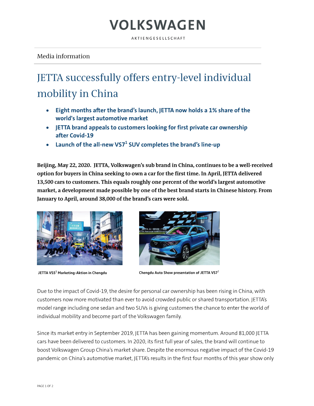 JETTA Successfully Offers Entry-Level Individual Mobility in China