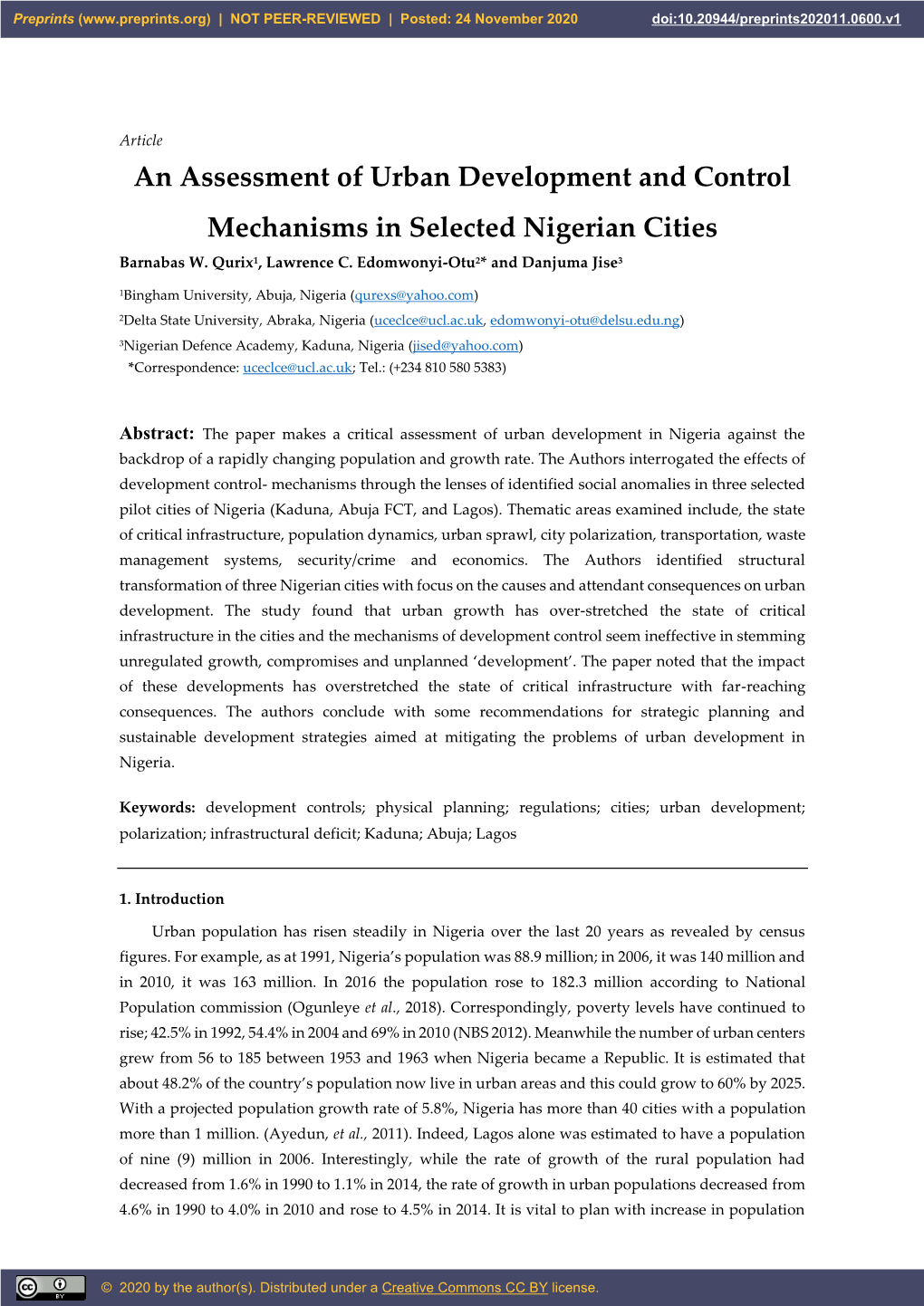 An Assessment of Urban Development and Control Mechanisms in Selected Nigerian Cities Barnabas W