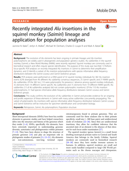 Recently Integrated Alu Insertions in the Squirrel Monkey (Saimiri) Lineage and Application for Population Analyses Jasmine N
