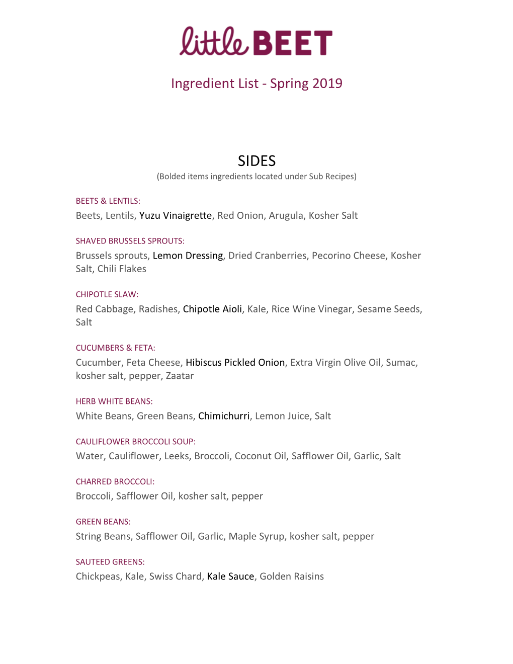 Ingredient List - Spring 2019