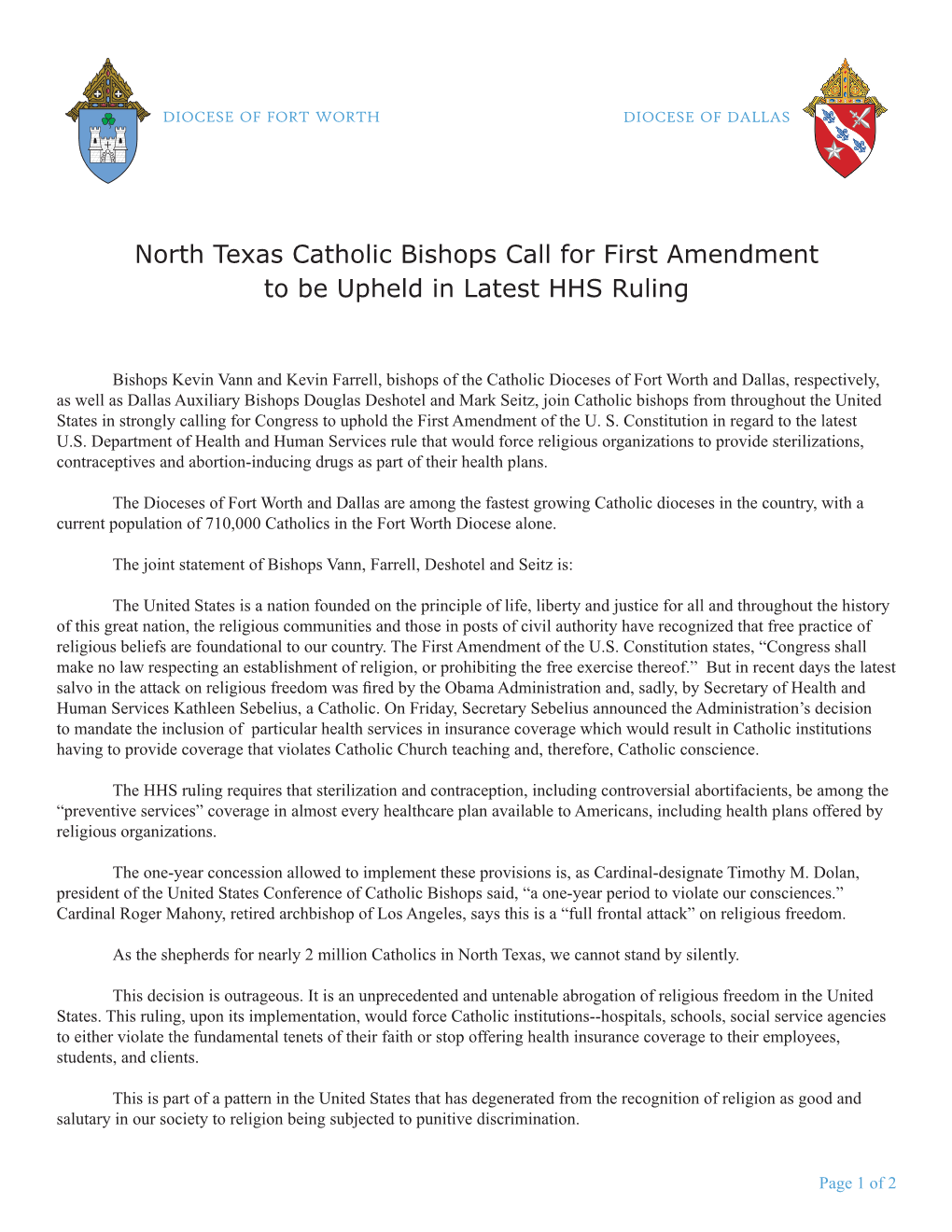 North Texas Catholic Bishops Call for First Amendment to Be Upheld in Latest HHS Ruling