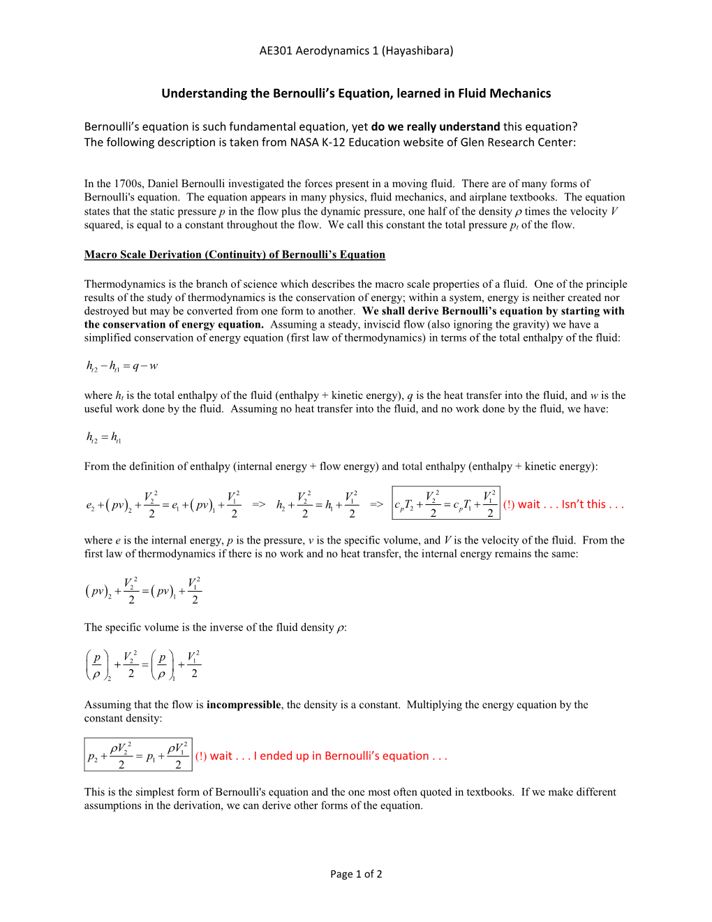 Understanding the Bernoulli's Equation, Learned in Fluid Mechanics