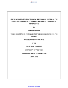 Multipartism and the Matrilineal Governance System of the Bemba Speaking People of Zambia: an African Theological Perspective