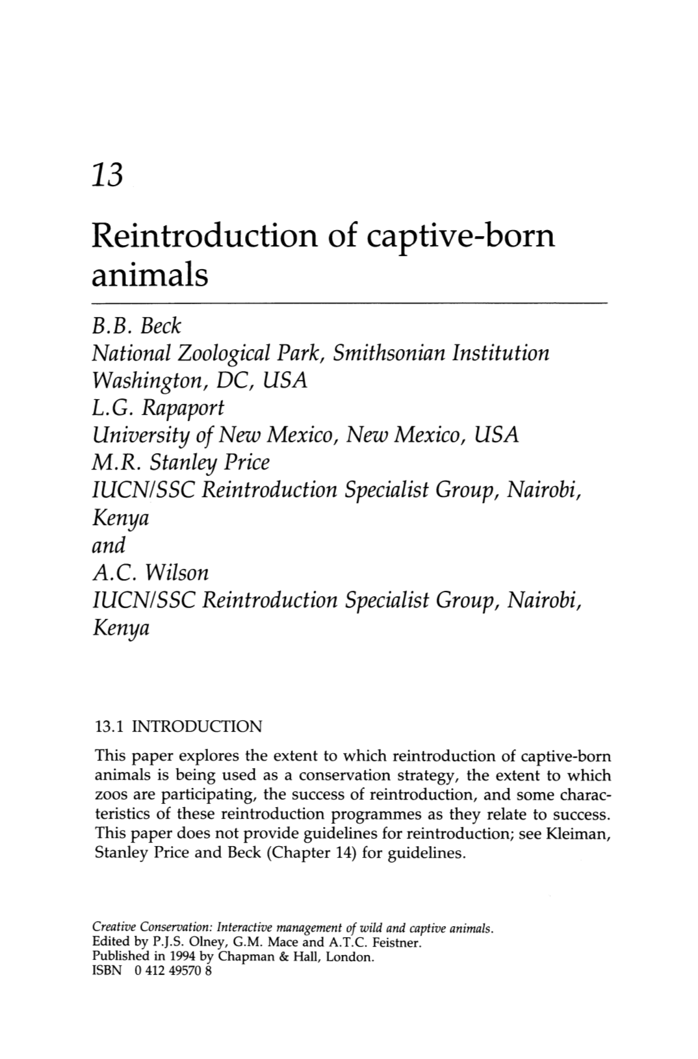13 Reintroduction of Captive-Born Animals B.B