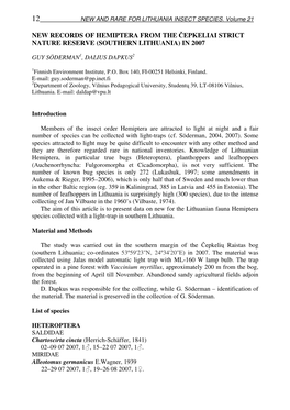New Records of Hemiptera from the Čepkeliai Strict Nature Reserve (Southern Lithuania) in 2007