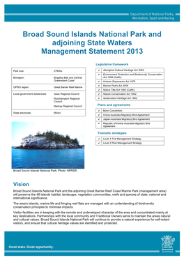 Broad Sound Islands National Park and Adjoining State Waters Managment Stagement 2013
