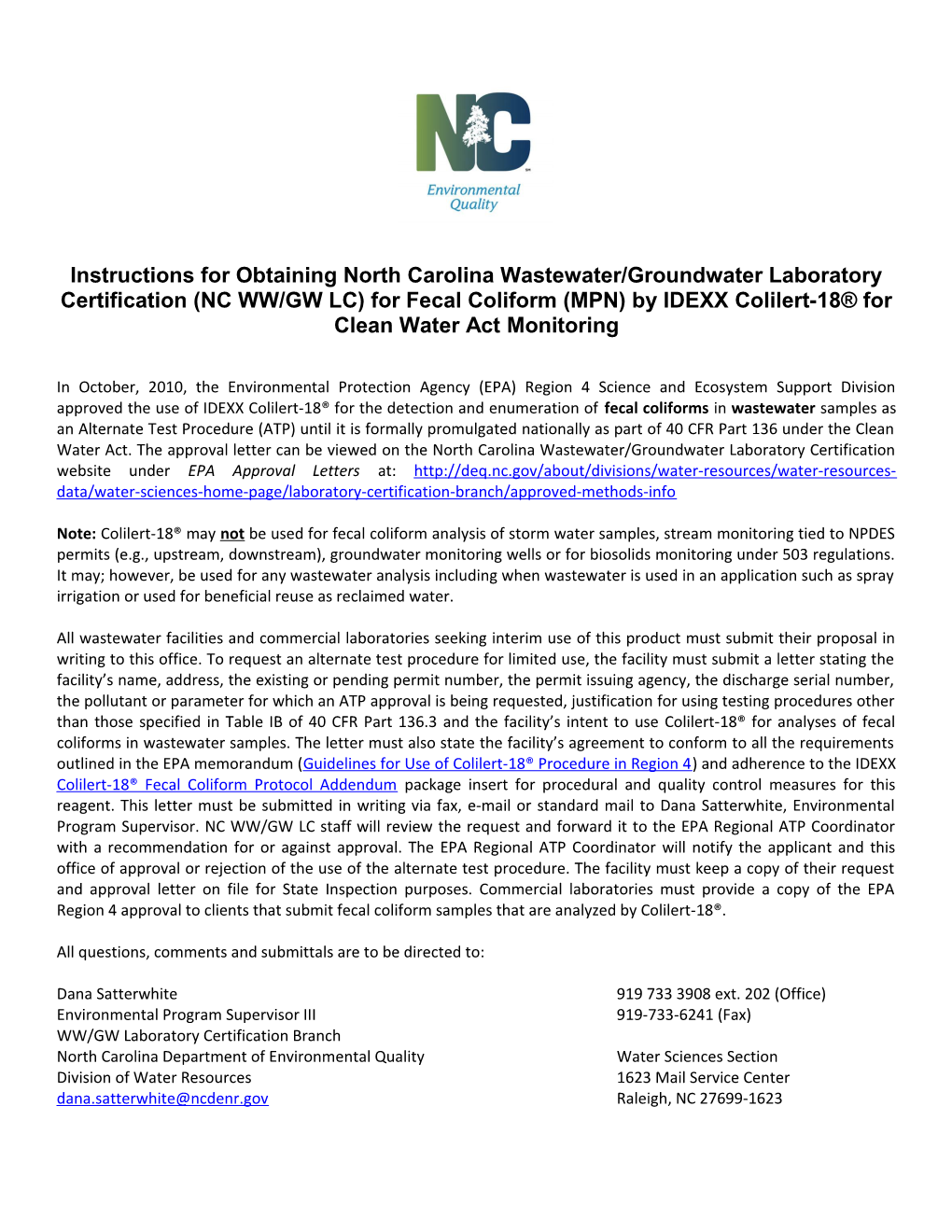 Instructions for Obtaining North Carolina Wastewater/Groundwater Laboratory Certification