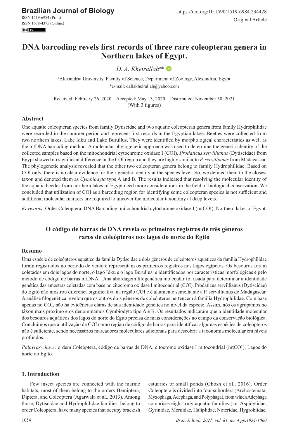 DNA Barcoding Revels First Records of Three Rare Coleopteran Genera in Northern Lakes of Egypt