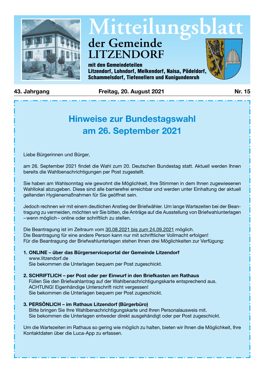 Mitteilungsblatt 15 Vom 20.08.2021