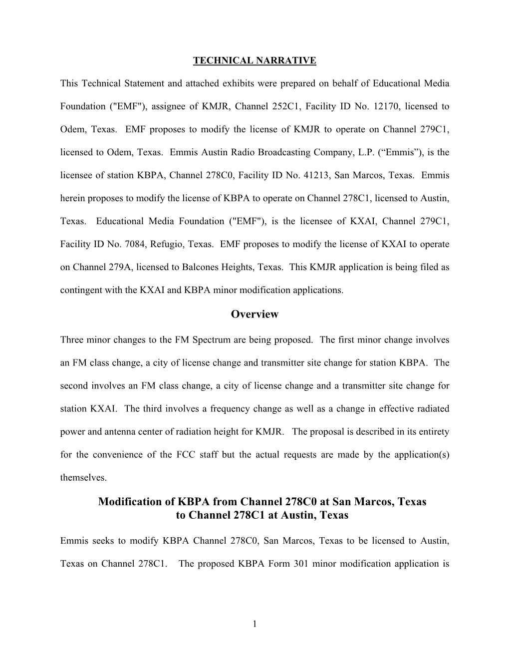 Overview Modification of KBPA from Channel 278C0 at San Marcos